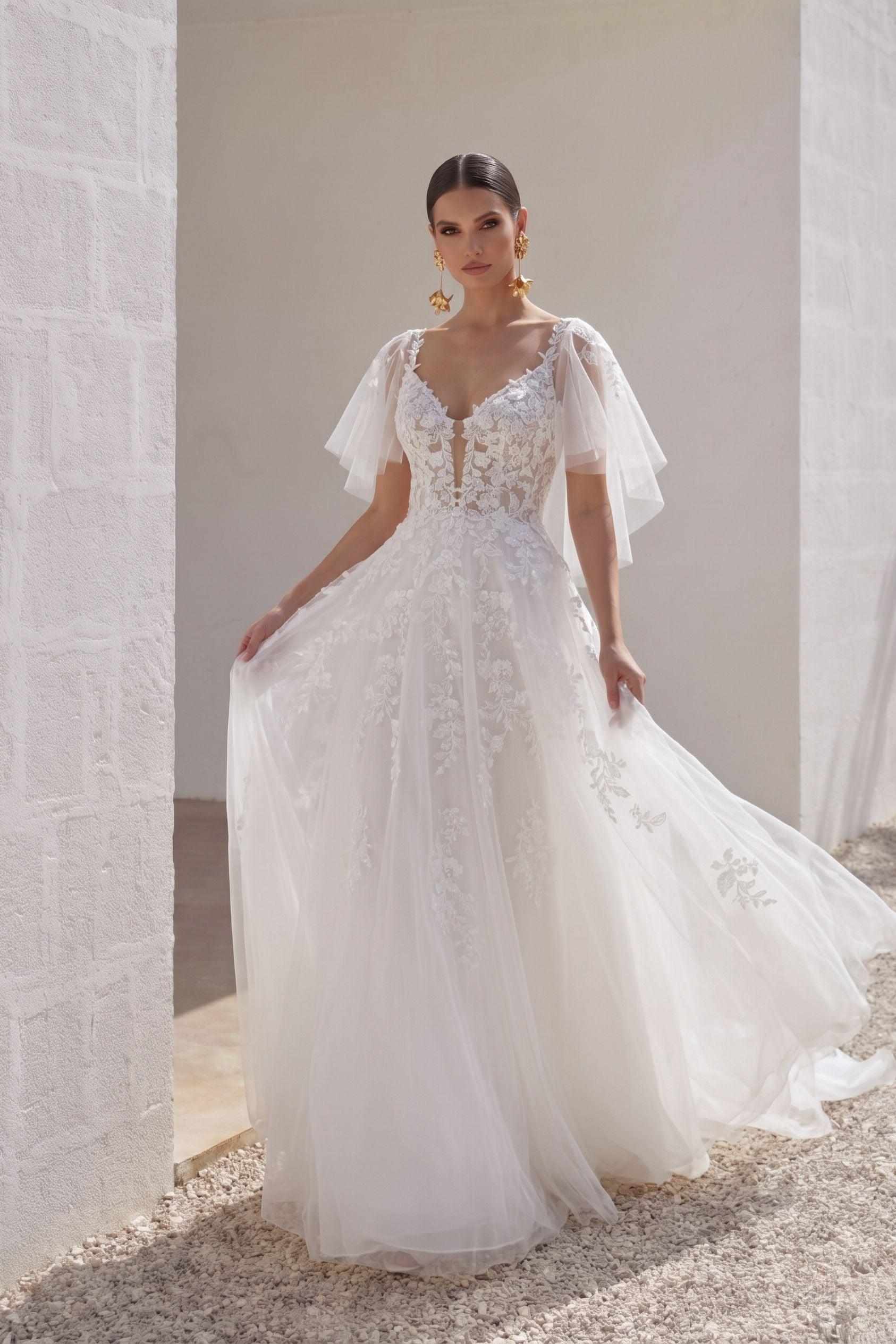 A-Line Court Train Lace Tulle Wedding Dress CW3160 - 45 Days / As Picture:Ivory/Nude / US0-UK2-EUR30 - COCOMELODY